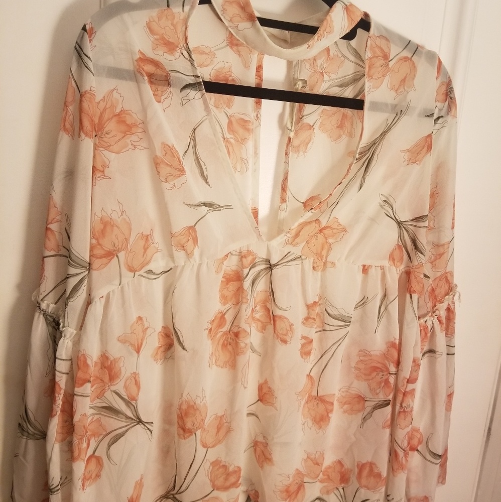 White Floral Sheer Long Sleeve Blouse